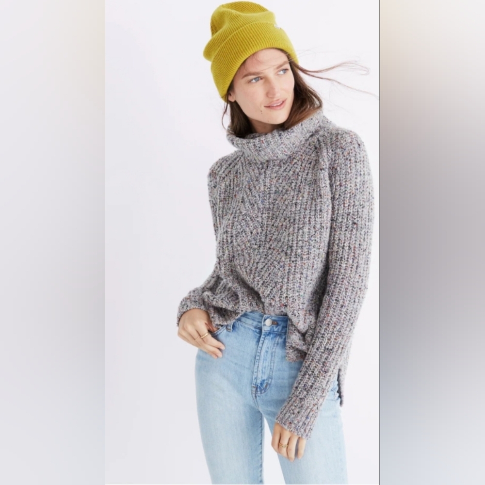 Madewell Multicolor Speckled Turtleneck Sweater with Mustard Beanie